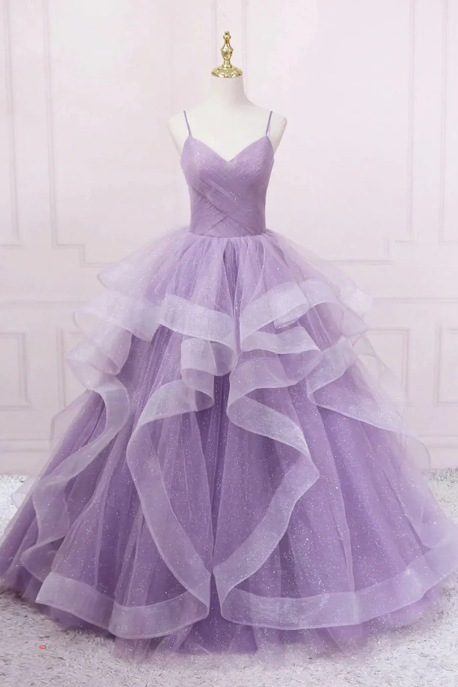 Princess Lavender Sparkly Spaghetti Straps Long Prom Dress Floor Length Evening Gown UQP0188