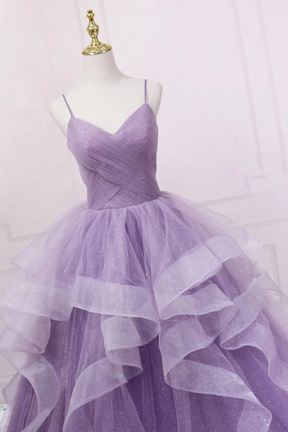 Princess Lavender Sparkly Spaghetti Straps Long Prom Dress Floor Length Evening Gown UQP0188