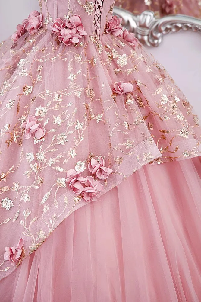 Princess Sleeveless Tulle Long Quinceanera Dress, Pink Puffy Prom Gown with Flowers UQP0253