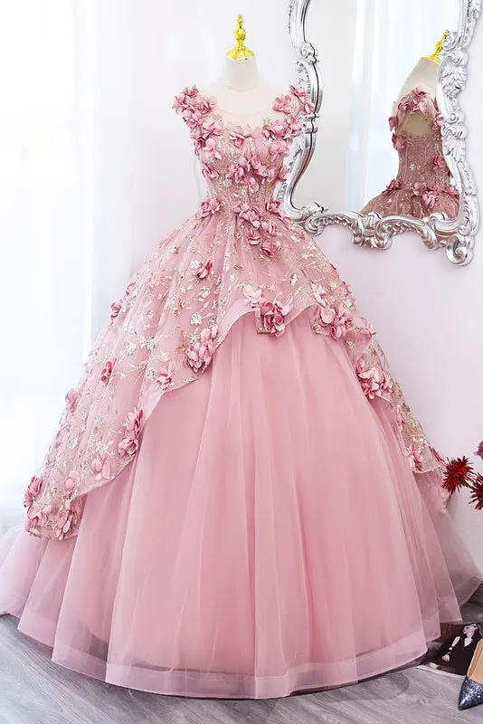 Princess Sleeveless Tulle Long Quinceanera Dress, Pink Puffy Prom Gown with Flowers UQP0253