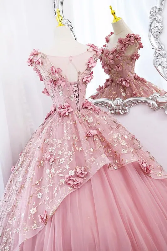 Princess Sleeveless Tulle Long Quinceanera Dress, Pink Puffy Prom Gown with Flowers UQP0253