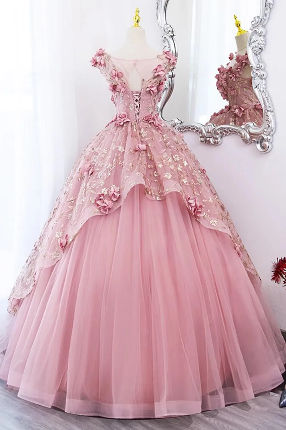 Princess Sleeveless Tulle Long Quinceanera Dress, Pink Puffy Prom Gown with Flowers UQP0253