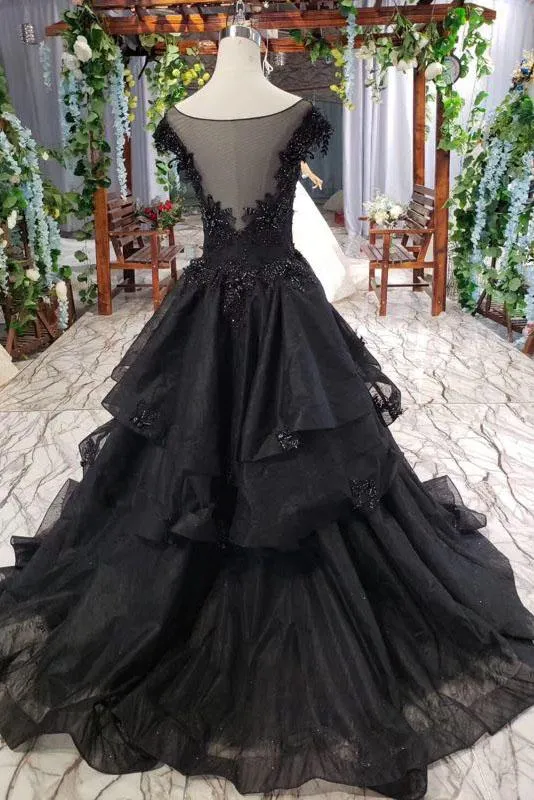 Puffy Cap Sleeves Black Long Prom Dress with Appliques, Charming Beading Formal Dress UQ2053