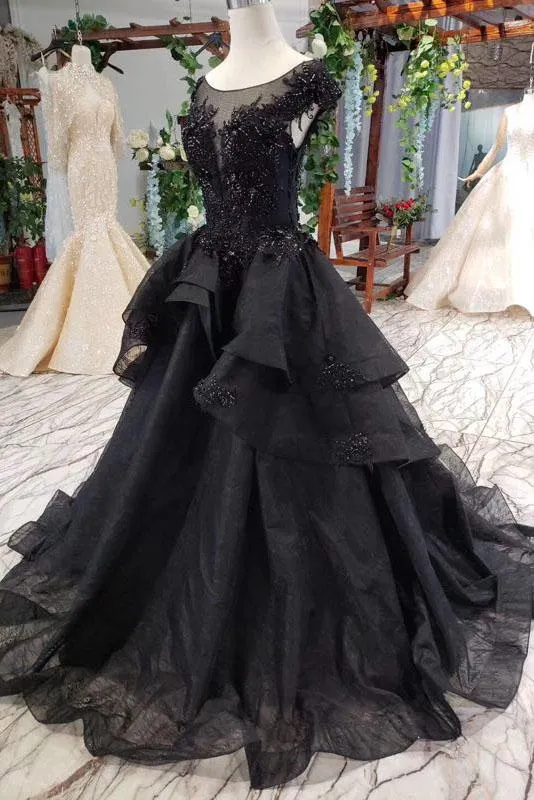 Puffy Cap Sleeves Black Long Prom Dress with Appliques, Charming Beading Formal Dress UQ2053