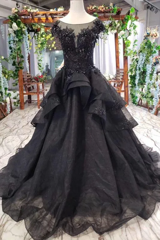 Puffy Cap Sleeves Black Long Prom Dress with Appliques, Charming Beading Formal Dress UQ2053