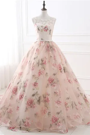 Puffy Sleeveless Floral Long Prom Dress, New Style Tulle Quinceanera Dresses UQP0218