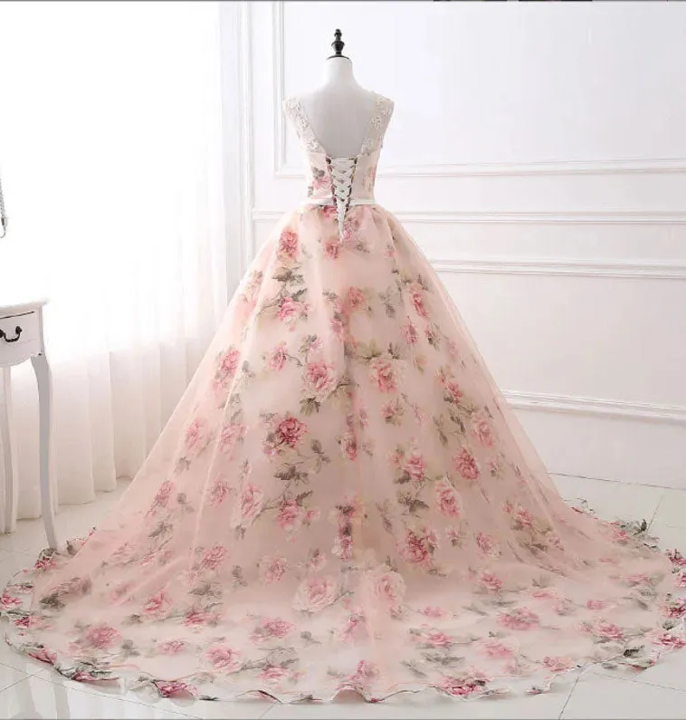 Puffy Sleeveless Floral Long Prom Dress, New Style Tulle Quinceanera Dresses UQP0218