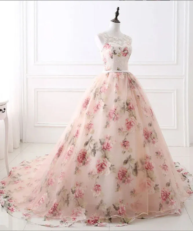 Puffy Sleeveless Floral Long Prom Dress, New Style Tulle Quinceanera Dresses UQP0218