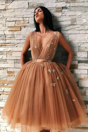 Puffy Tea Length V Neck Sleeveless Tulle Homecoming Dress, Tea Length Prom Dress UQH0029