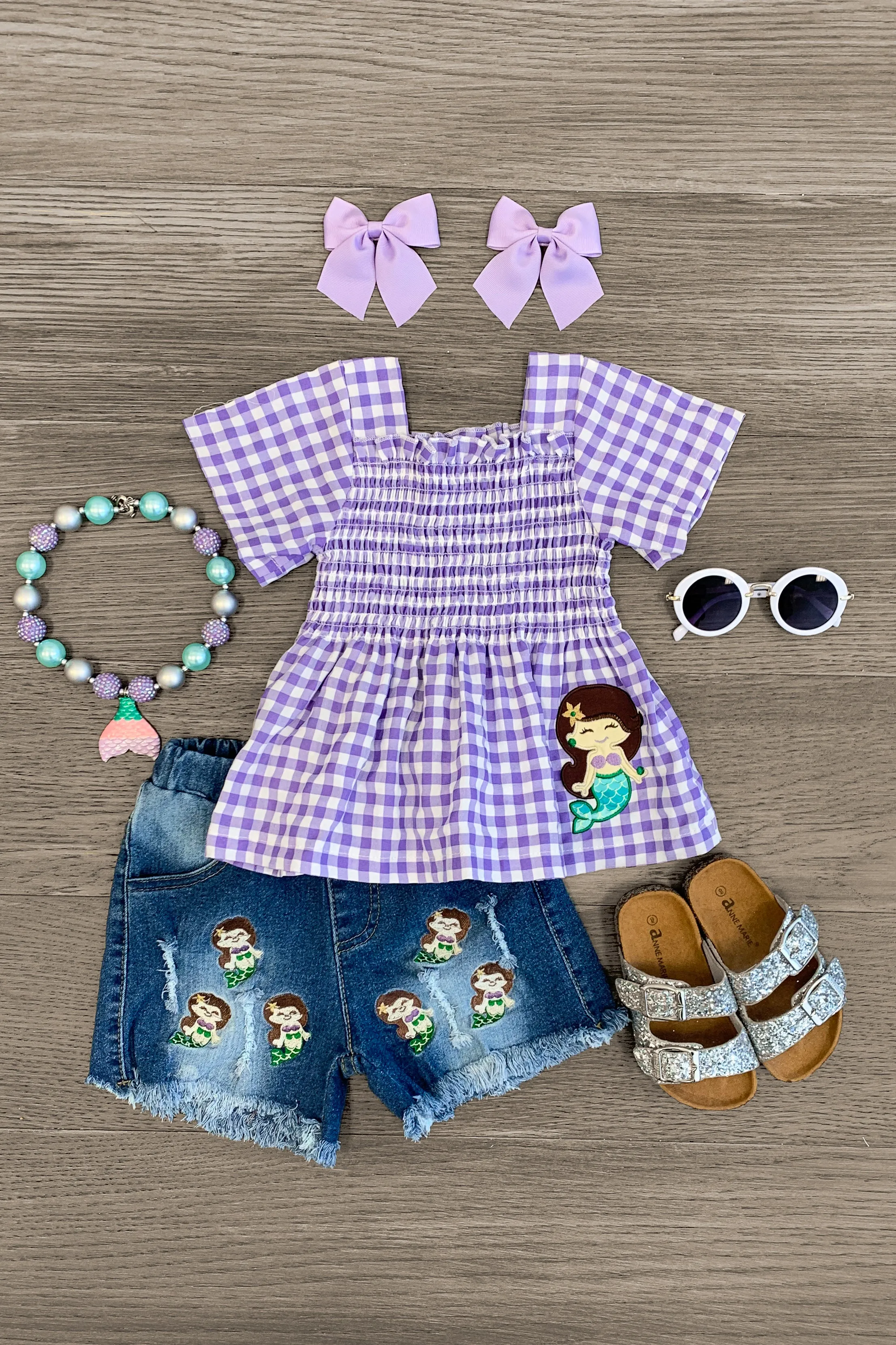 Purple Gingham Mermaid Denim Short Set