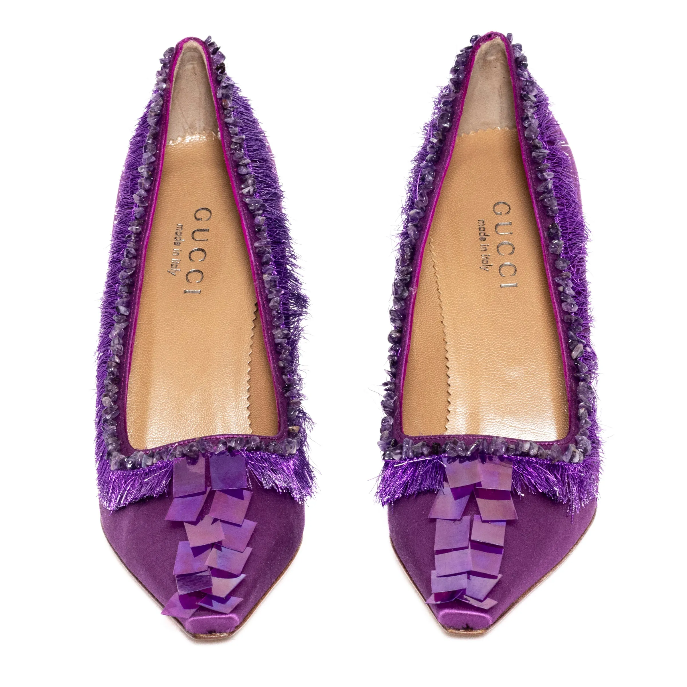 Purple Satin Fringe and Sequin Pumps 8