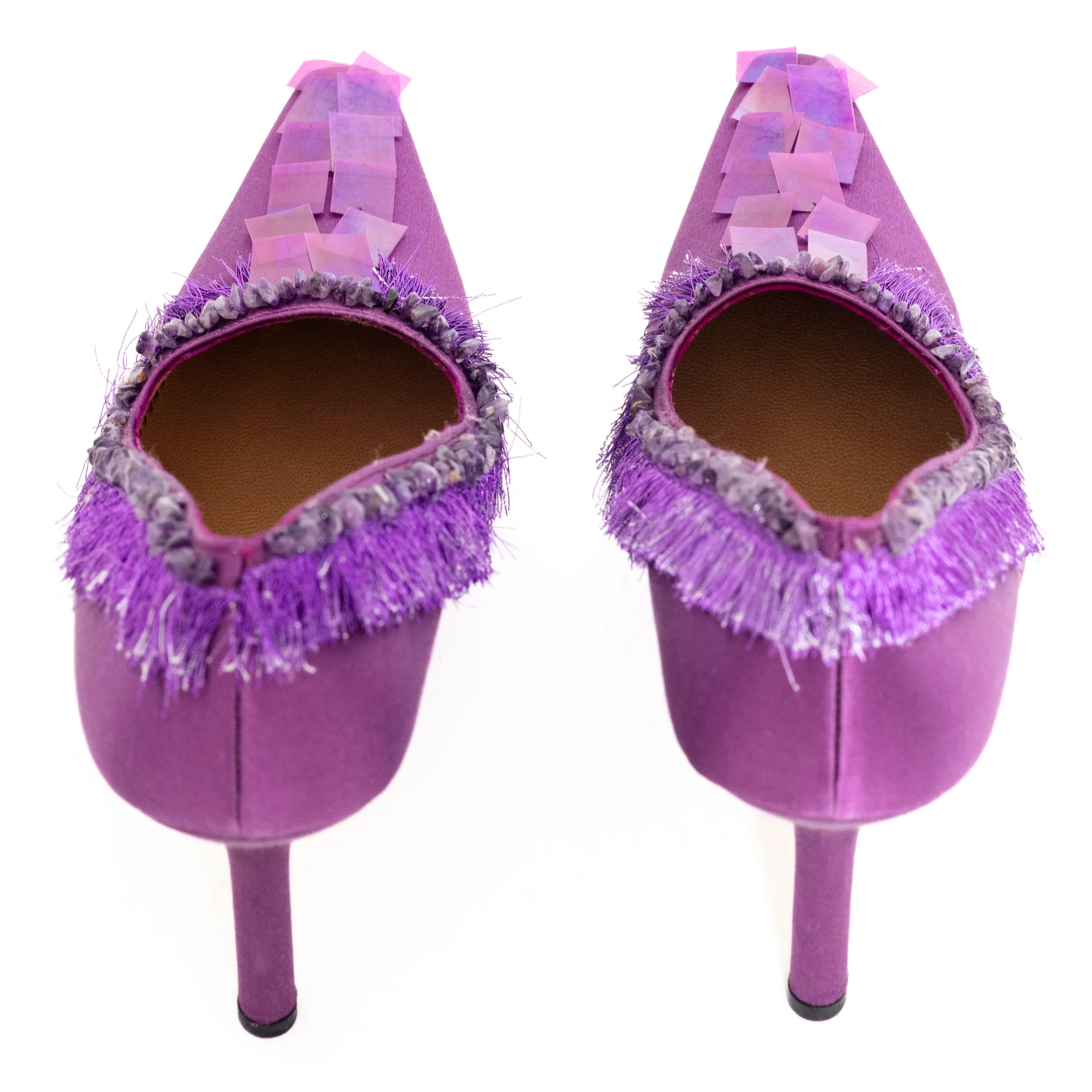 Purple Satin Fringe and Sequin Pumps 8