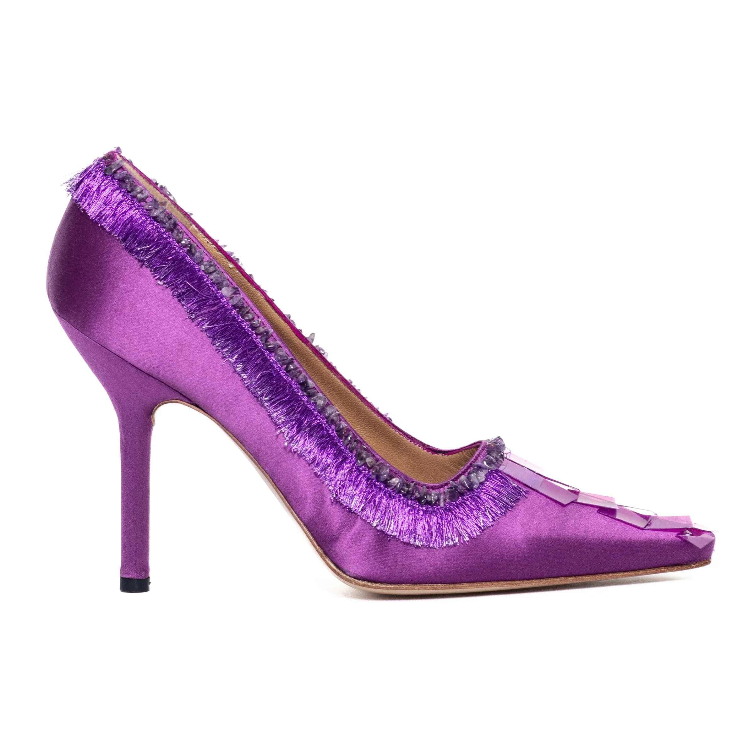 Purple Satin Fringe and Sequin Pumps 8