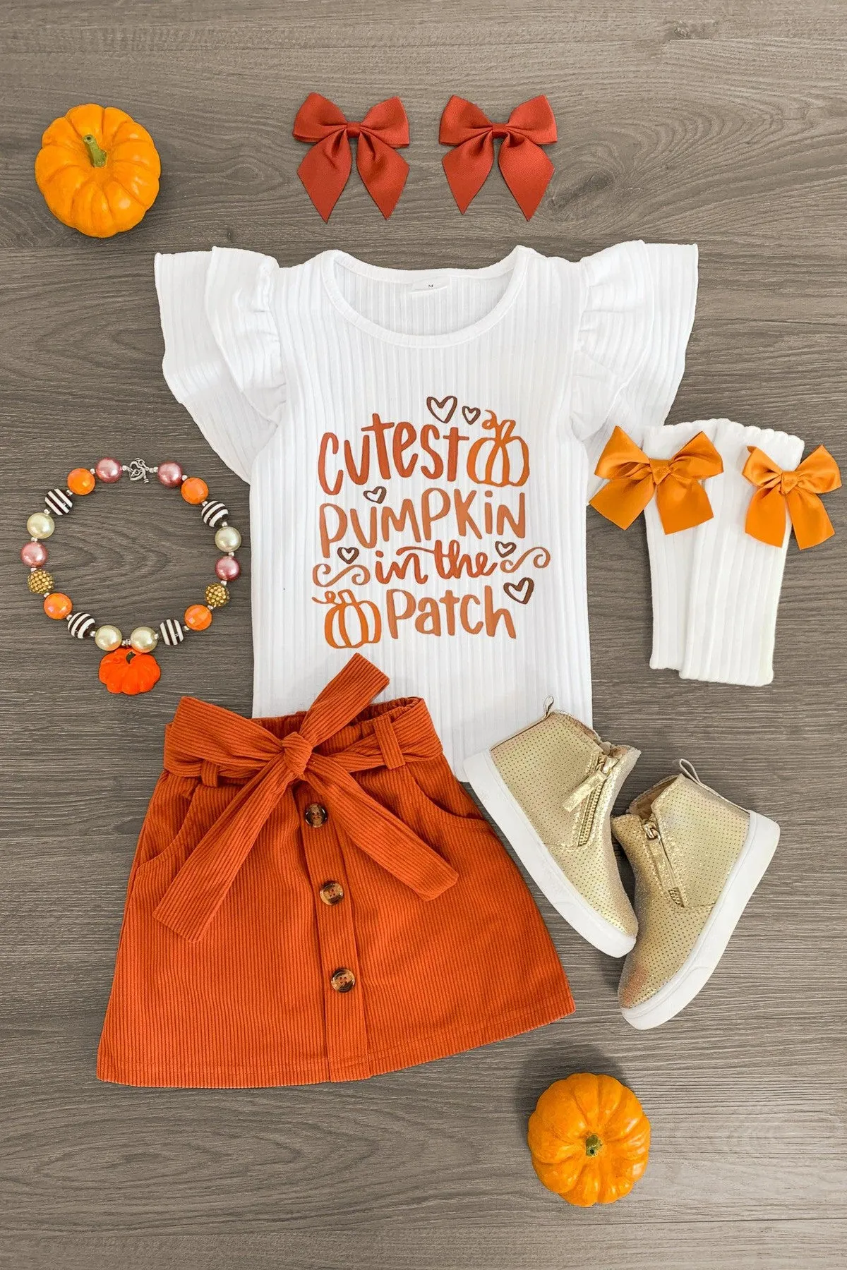 "Cutest Pumpkin In The Patch" Orange Corduroy Skirt Set