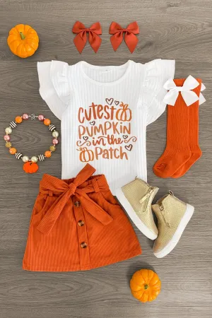 "Cutest Pumpkin In The Patch" Orange Corduroy Skirt Set