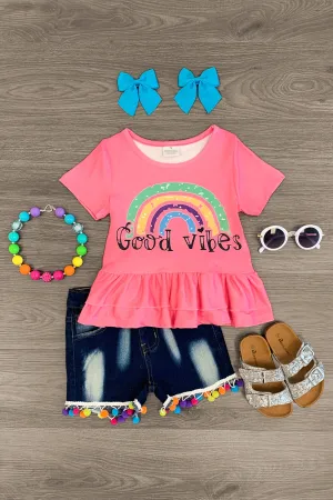 "Good Vibes" Pink Ruffle Pom Pom Short Set