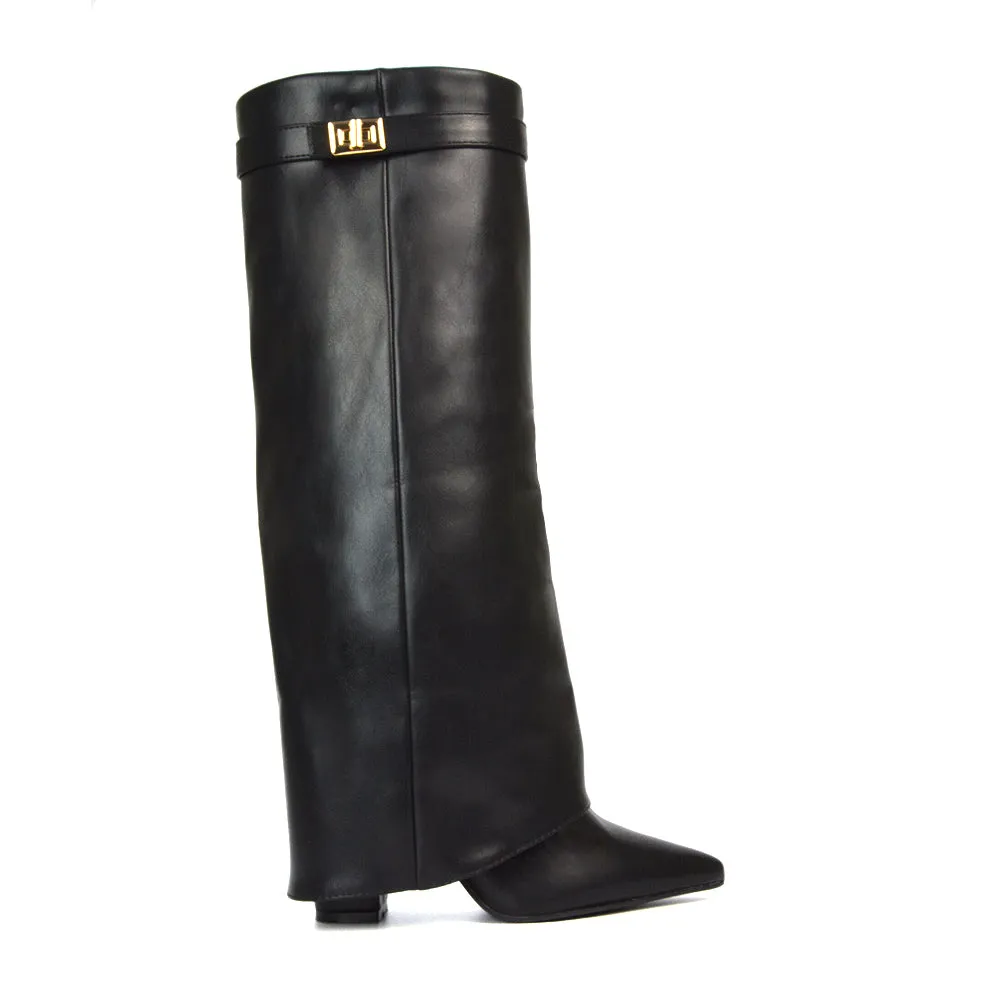 Rayna Pointed Toe Fold Over Knee High Boots With Block Heel in Black Synthetic Leather