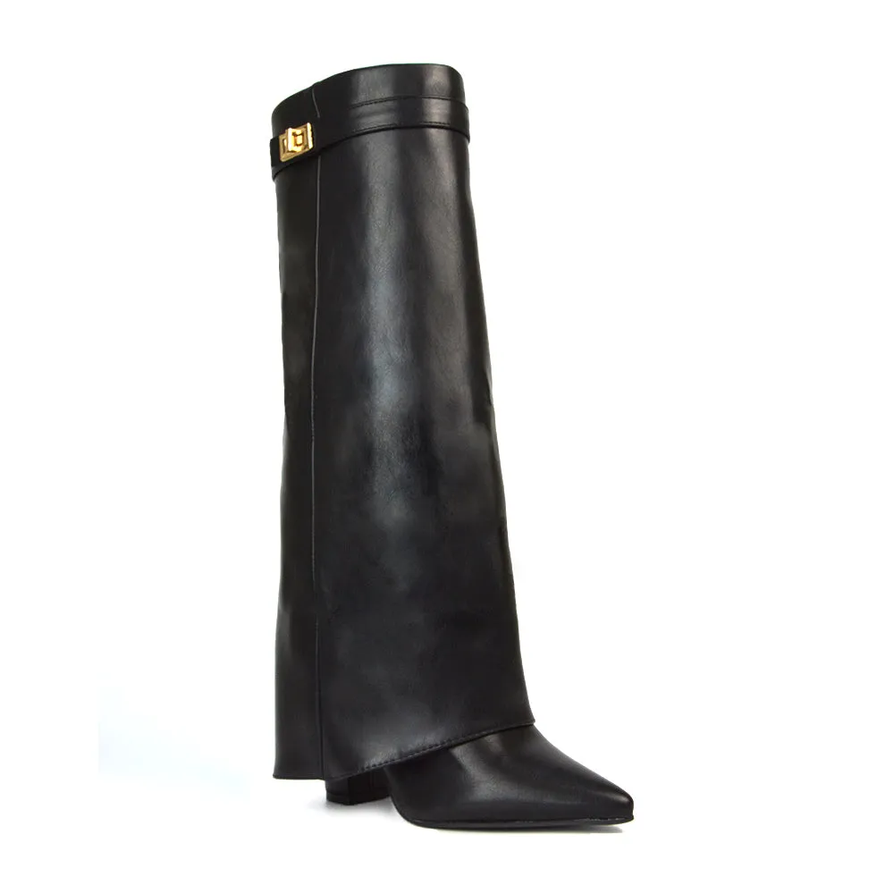 Rayna Pointed Toe Fold Over Knee High Boots With Block Heel in Black Synthetic Leather