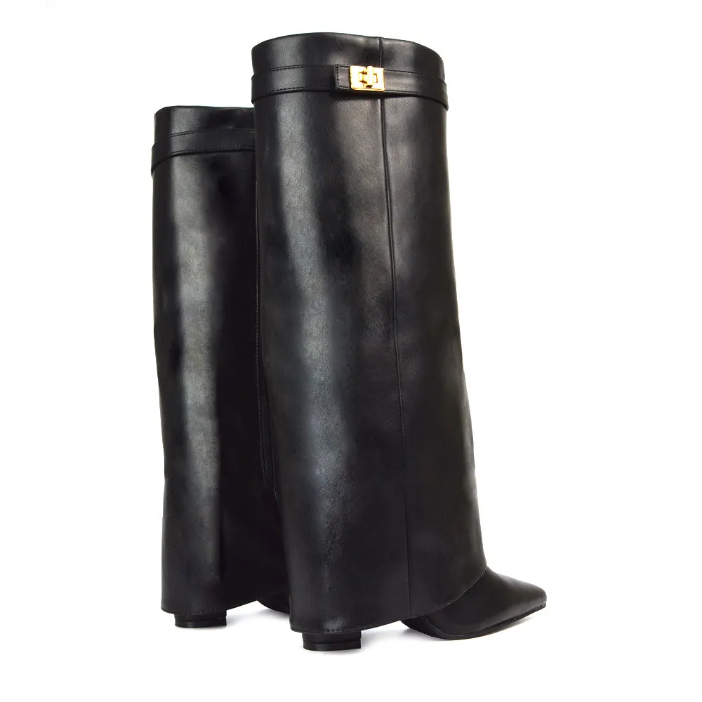 Rayna Pointed Toe Fold Over Knee High Boots With Block Heel in Black Synthetic Leather