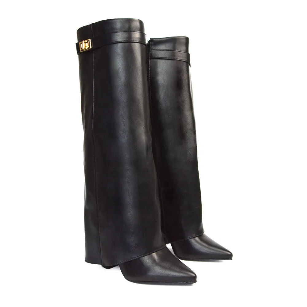 Rayna Pointed Toe Fold Over Knee High Boots With Block Heel in Black Synthetic Leather