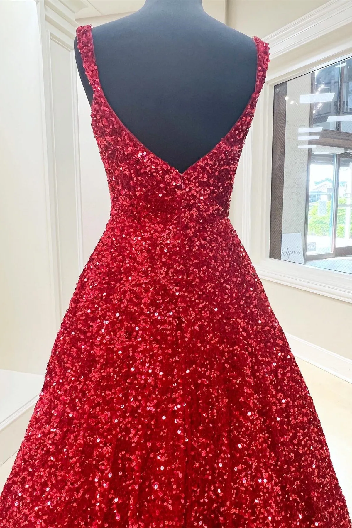 Red Sequin Square Neck Backless A-Line Long Prom Gown