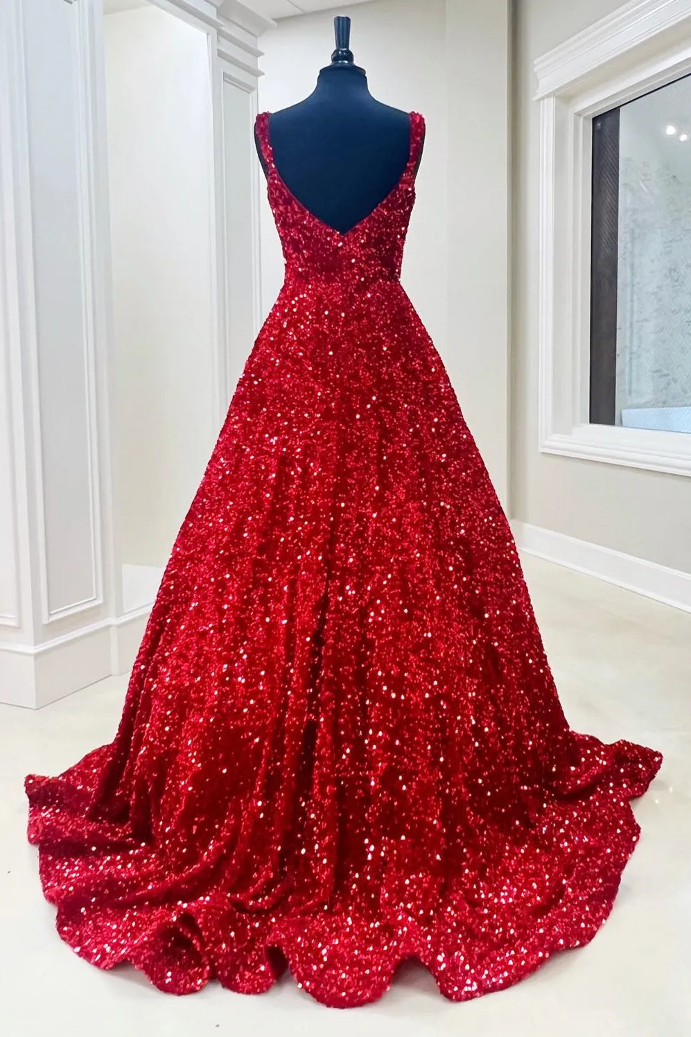 Red Sequin Square Neck Backless A-Line Long Prom Gown