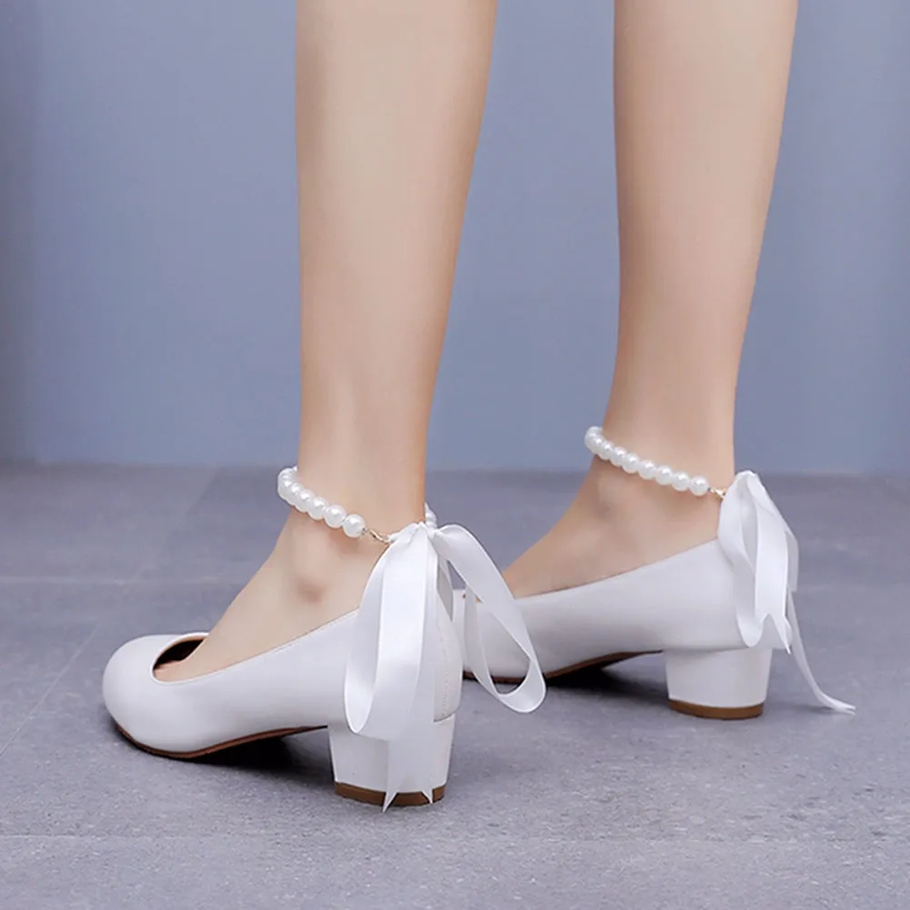 Round Toe Low Chunky Heels Beaded Wedding Shoes