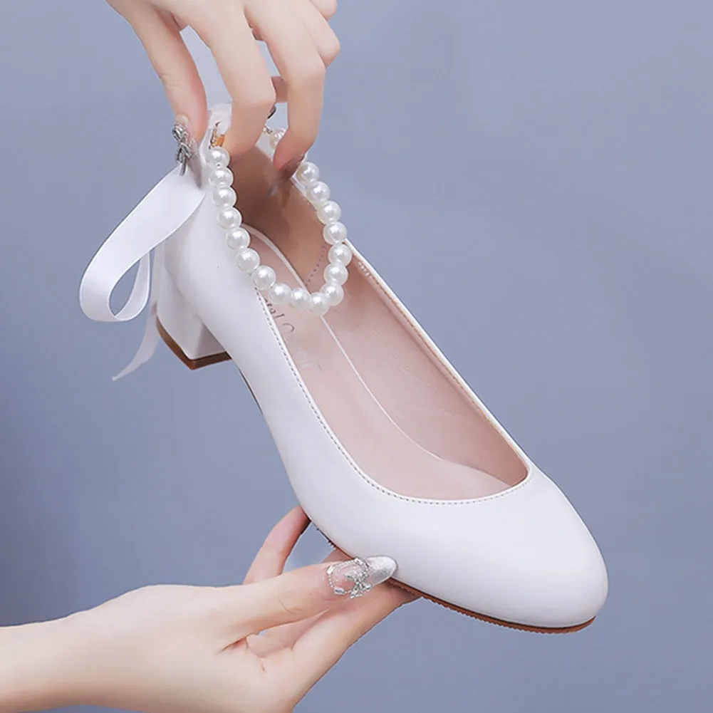 Round Toe Low Chunky Heels Beaded Wedding Shoes