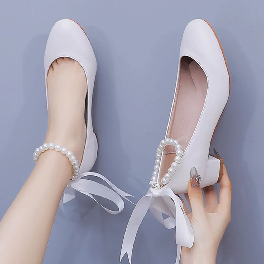 Round Toe Low Chunky Heels Beaded Wedding Shoes