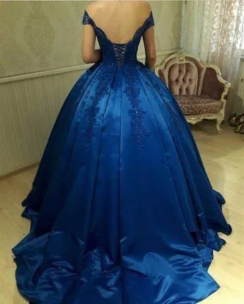 Royal Blue Off Shoulder Lace A line Long Evening Prom Dresses  PG577