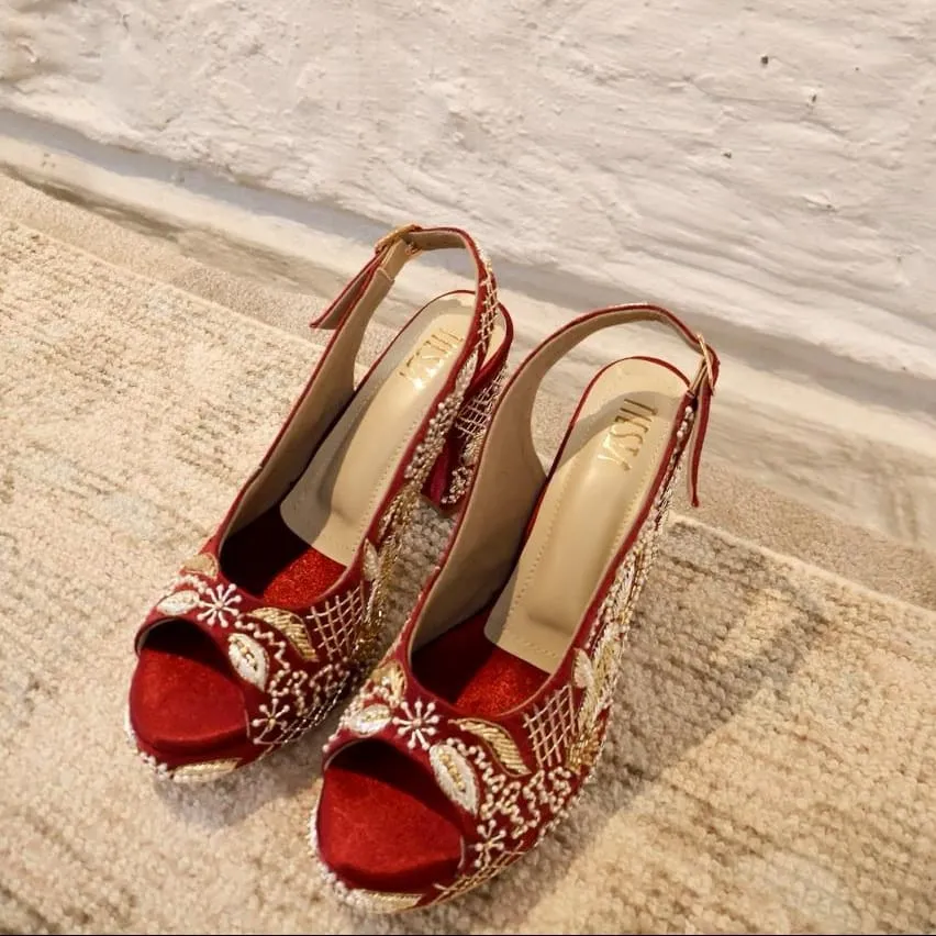 Sabya Maroon Hand Embroidered Slingback bridal block heels I Tiesta Shoes