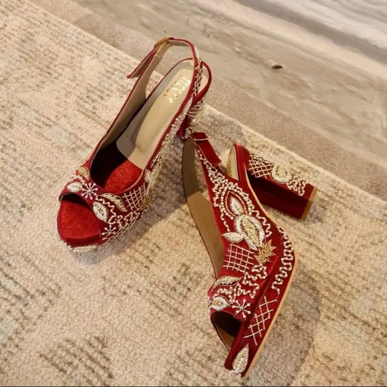 Sabya Maroon Hand Embroidered Slingback bridal block heels I Tiesta Shoes