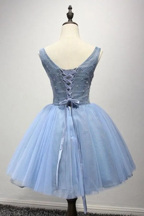 Scoop Short Blue Tulle Homecoming Dress Party Dresses with Appliques PG122