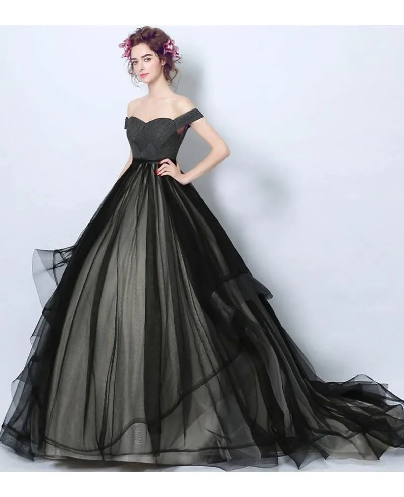 Simple Black Tulle Formal Dress Ball Gown With Off Shoulder Straps  PG705