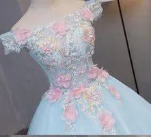 Sky Blue Tulle Princess Off Shoulder Long Prom Dress, Quinceanera Dressses with Flowers UQ1831