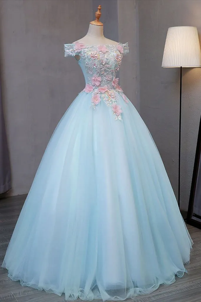 Sky Blue Tulle Princess Off Shoulder Long Prom Dress, Quinceanera Dressses with Flowers UQ1831