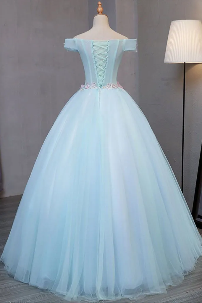 Sky Blue Tulle Princess Off Shoulder Long Prom Dress, Quinceanera Dressses with Flowers UQ1831