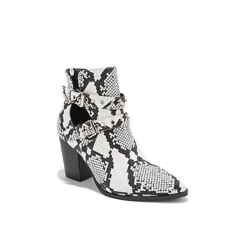 Snake Print Belt Buckle Pointed Toe Short Boots