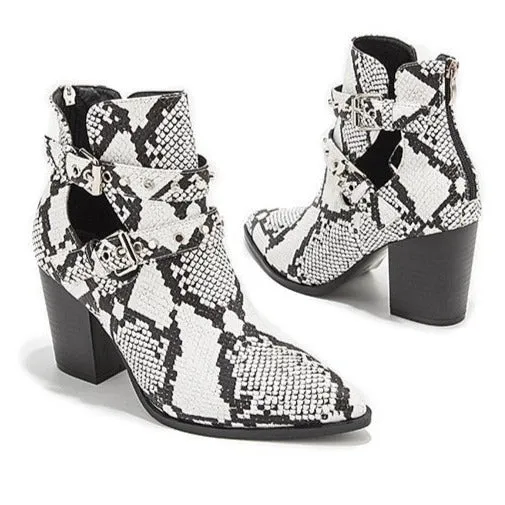 Snake Print Belt Buckle Pointed Toe Short Boots