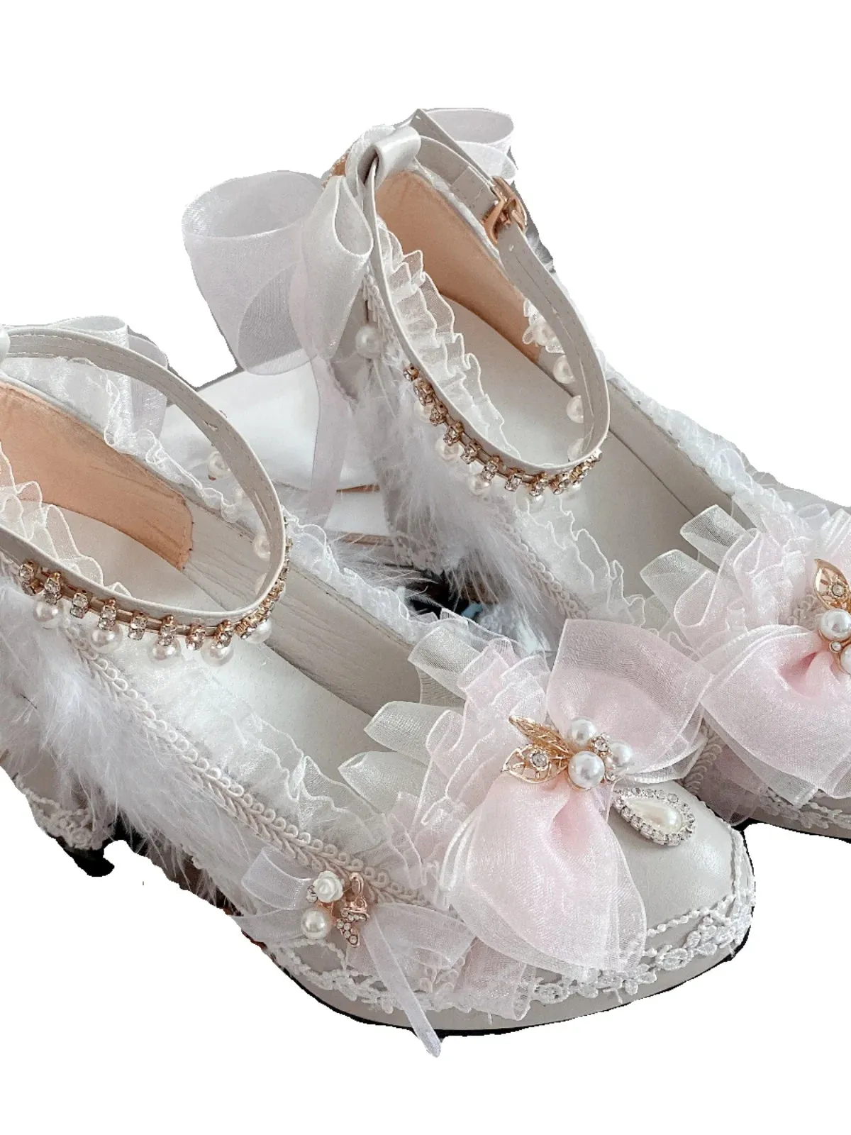 Sohiwoo Sweet Girl Lolita Handmade Blue/pink Thick Heels Lo Shoes Flower Wedding Women's Tea Party Stage Performance Shoes Daughter Adul