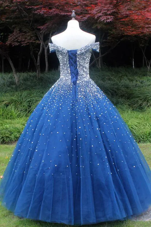 Sparkle Off the Shoulder Blue Ball Gown Prom Dresses, Puffy Tulle Quinceanera Dresses UQ2169