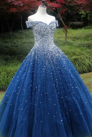 Sparkle Off the Shoulder Blue Ball Gown Prom Dresses, Puffy Tulle Quinceanera Dresses UQ2169