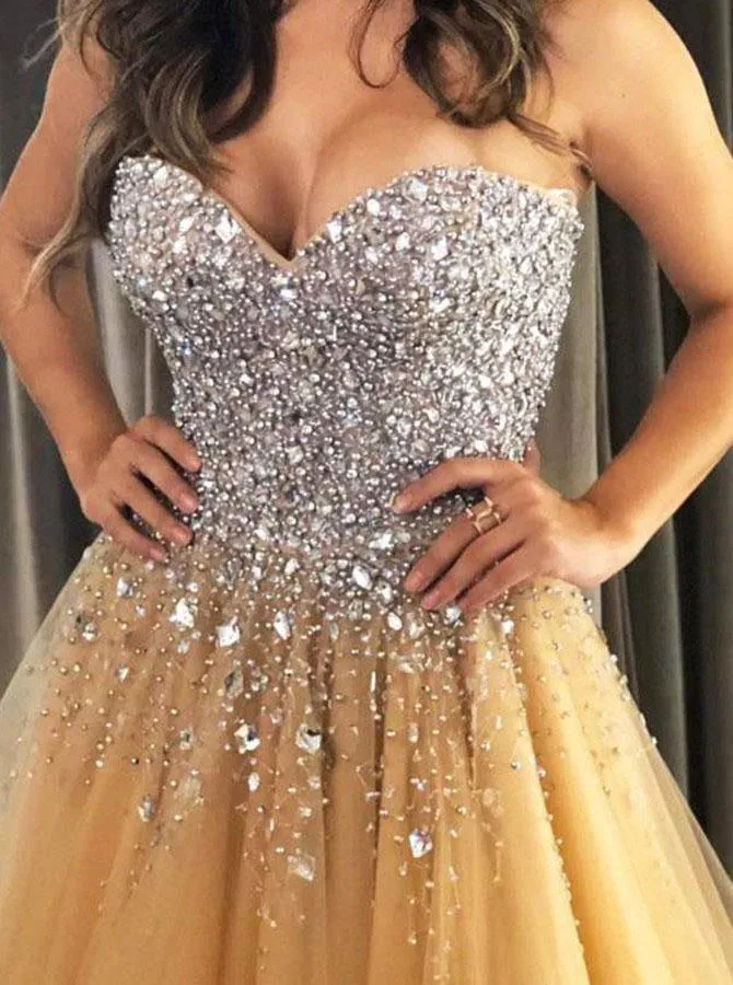 Sweetheart Champagne Tulle Sweep Train Prom Evening Dresses with Beading PSK179