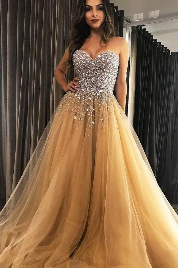 Sweetheart Champagne Tulle Sweep Train Prom Evening Dresses with Beading PSK179