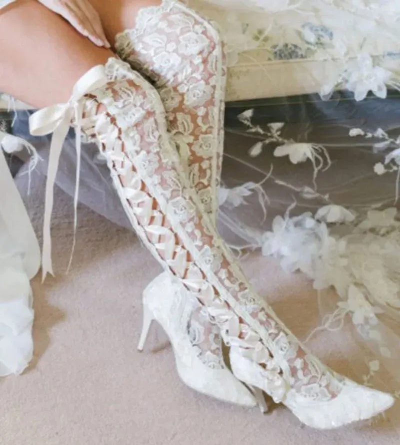 TAVIMART  -  Romantic Floral Lace Ribbons Bandage Over Knee Boots Women Kitten Heel Wedding Boots Lace Mesh Prom Ball Thigh Botas