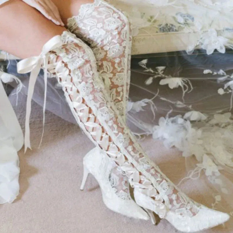 TAVIMART  -  Romantic Floral Lace Ribbons Bandage Over Knee Boots Women Kitten Heel Wedding Boots Lace Mesh Prom Ball Thigh Botas