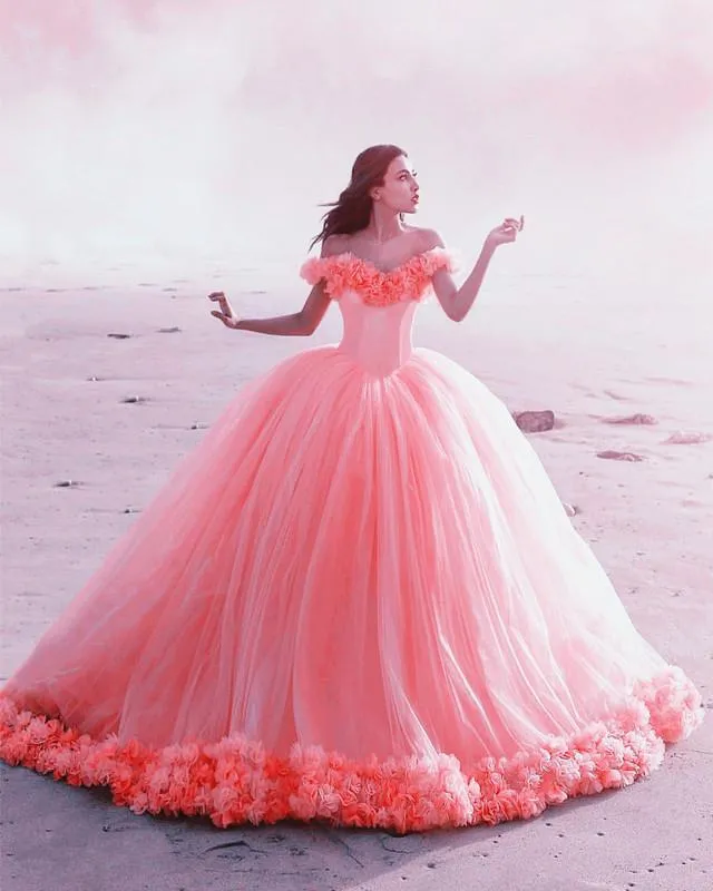 Tulle Flower Quinceanera Dresses Ball Gowns With Off Shoulder