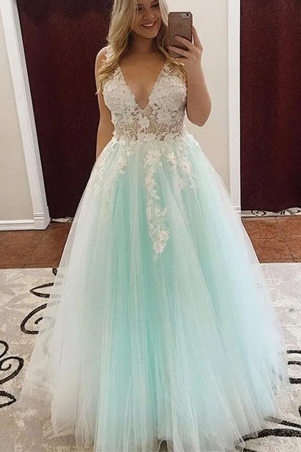 Turquoise Lace Ball Gown Appliqued Prom Dresses, Quinceanera Dress