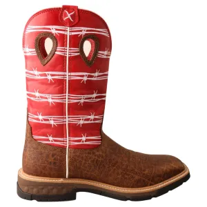 'Twisted X' Men's 12" Western Work Square Toe - Distressed Saddle / Ruby Red