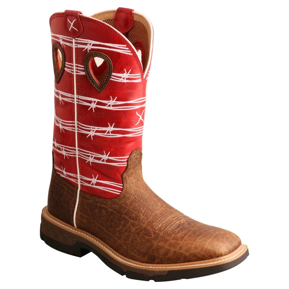 'Twisted X' Men's 12" Western Work Square Toe - Distressed Saddle / Ruby Red